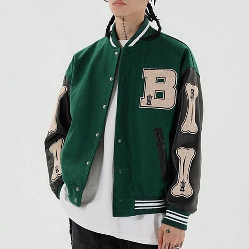 Hip Hop Furry Bone Patchwork Color Block College Jackets Mens Harajuku Casual Bomber Varsity Jacket Women Baseball Coats Unisex
