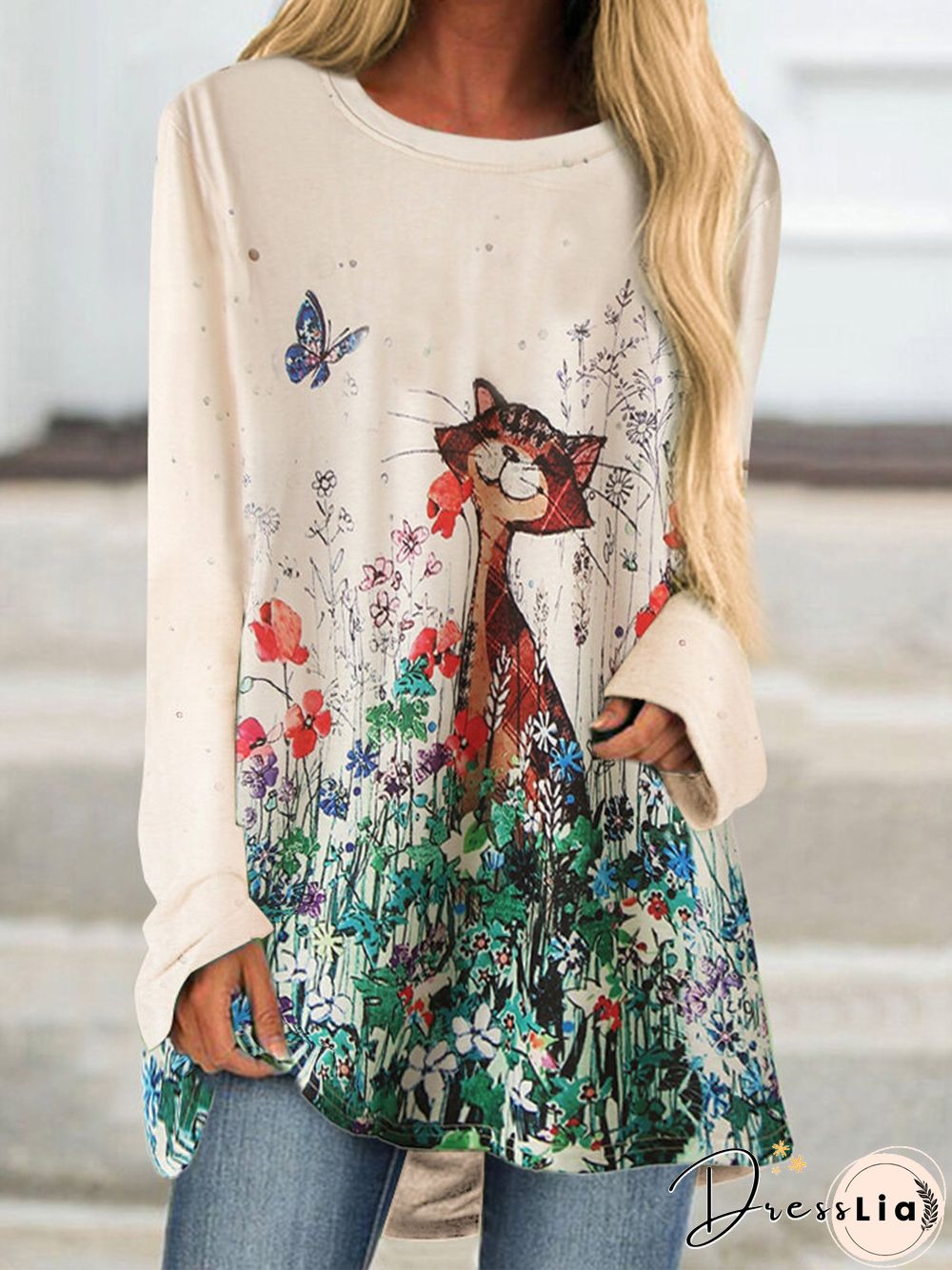 Beige Cotton-Blend Long Sleeve Round Neck Printed T-shirt