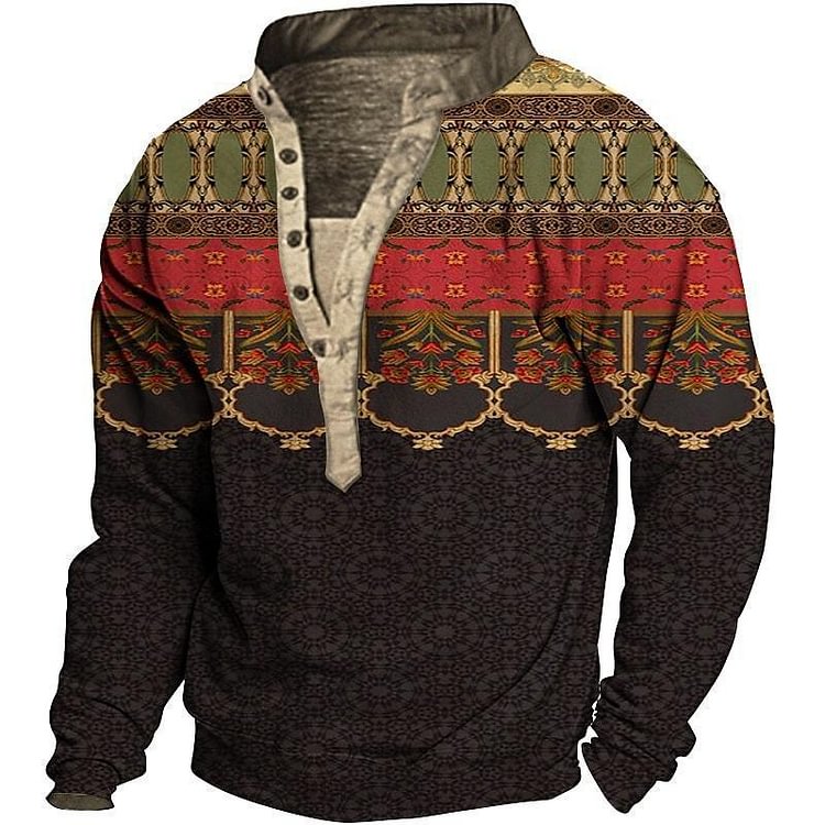 Men's V-neck printed casual western style long sleeve top