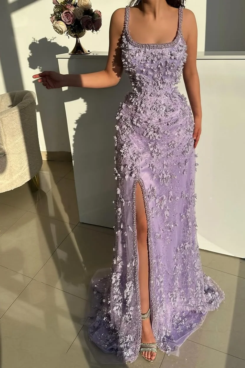 Daisda Purple Sleeveless Spaghetti Straps Mermaid Prom Dress With Beads