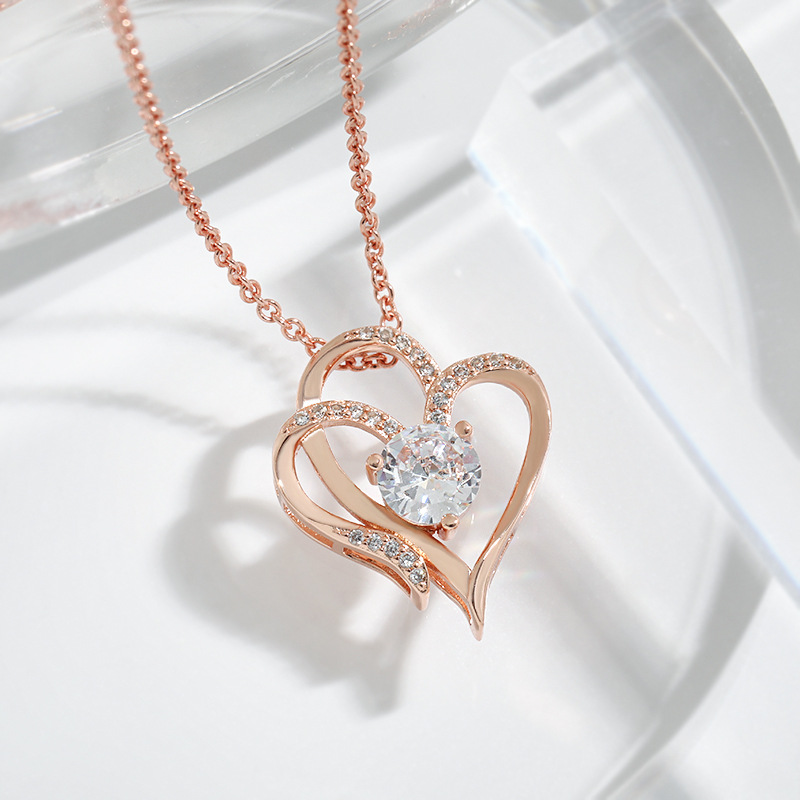Mature Women Zircon Double Love Necklace With Rhinestones