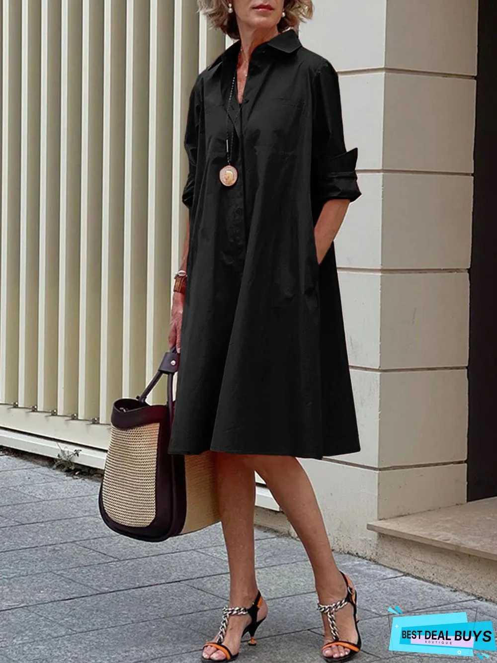 Shirt Dress Long sleeve Plain Simple Dress
