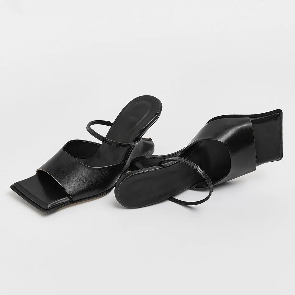 Black Square&nbsp;Toe Wide Strap Slip On Wedge Sandals for Women