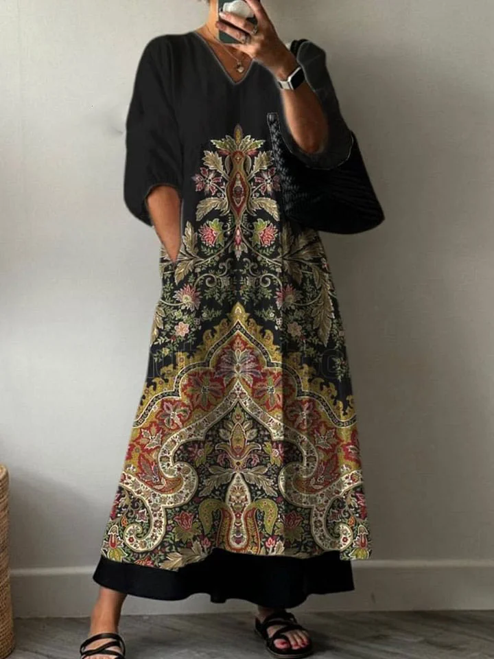 Women's Ethnic Art Print Pocket V-neck Cotton Dress