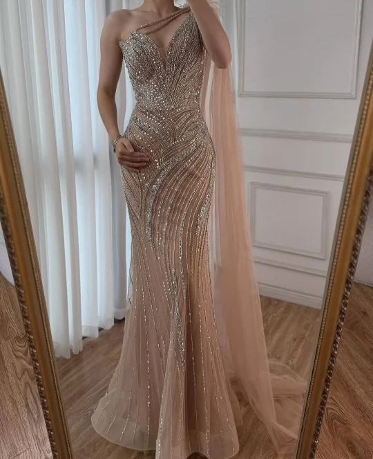 knee length dresses for ladies Bling Bling Rhinestone Plunging Custom Glitter Mermaid Prom Dress