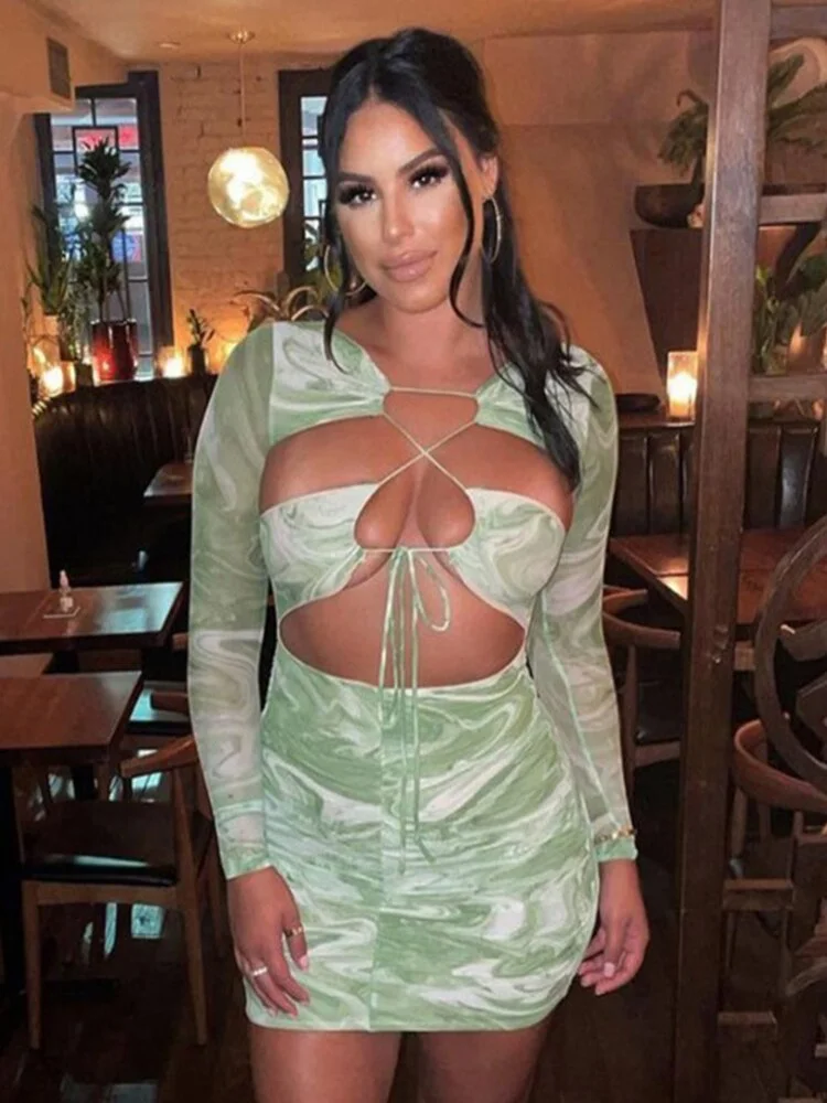 WannaThis Print Mini Dress For Woman Hollow Out Lace Up Long Sleeve Green Women Holiday Sexy Bodycon Fashion Autumn Dresses 2021