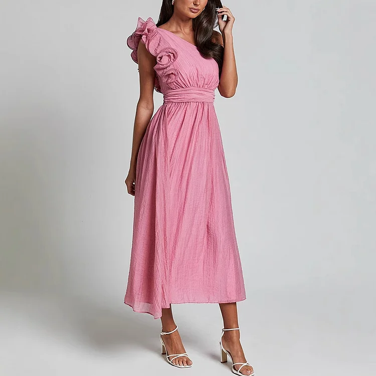 Oblique Shoulder Ruffle Dress