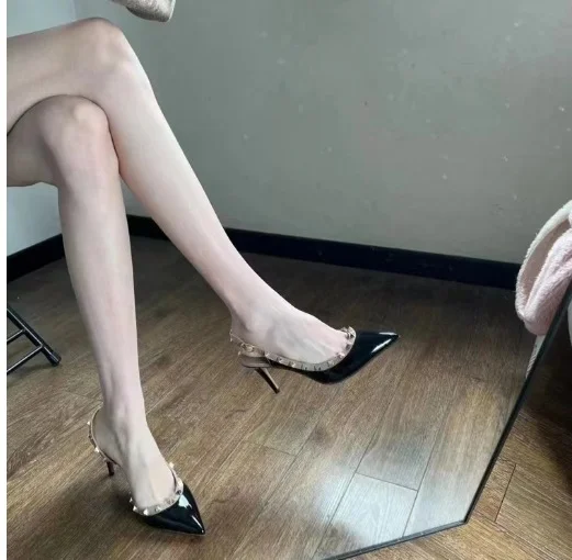 Yyvonne Sandals Women's Korean Version Of The New Baotou Fine Heel Head Fairy Rivet Studs Hollow Buckle Sandals