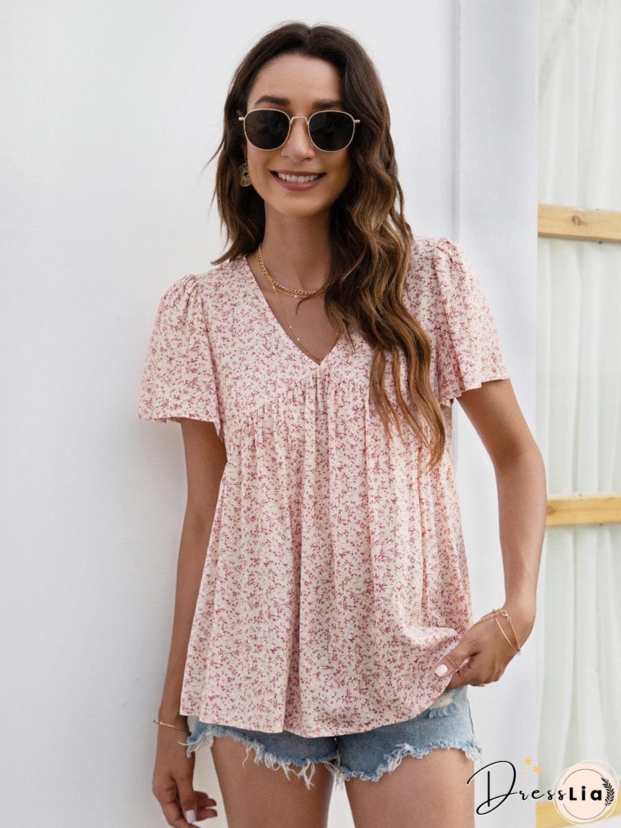V-Neck Floral Printed Pattern Short Sleeve Loose Casual T-Shirt