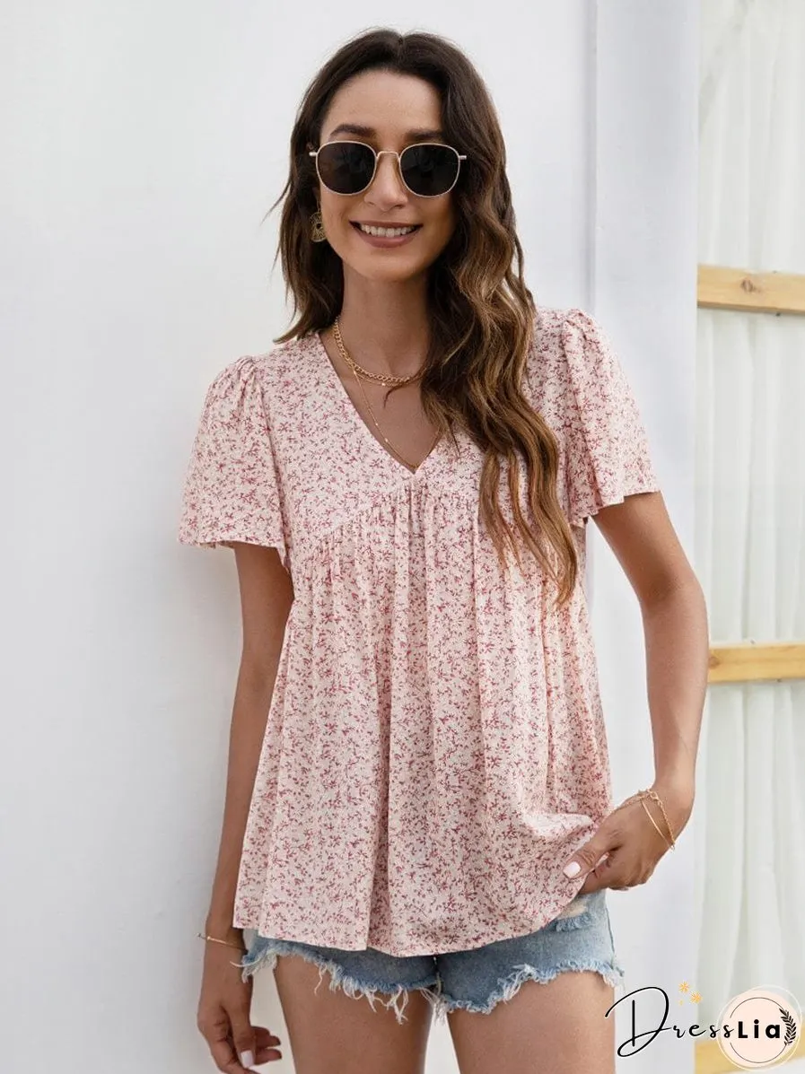 V-Neck Floral Printed Pattern Short Sleeve Loose Casual T-Shirt