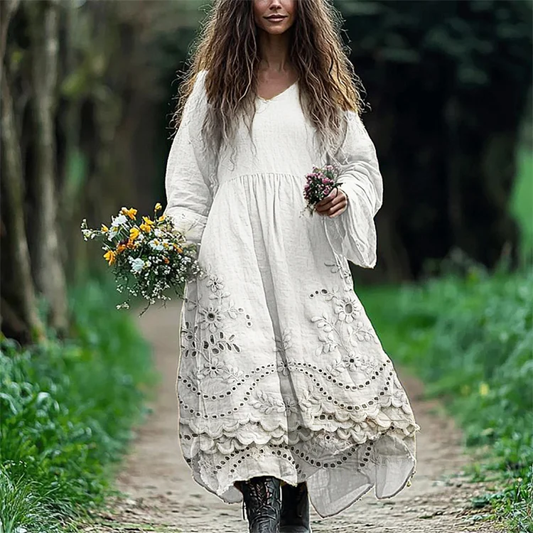 Cottage Floral Embroidered Lace Hem Linen Blend Flowy Maxi Dress