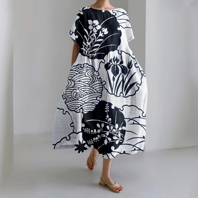 Japanese Art Print Short Sleeve Loose Midi Dress