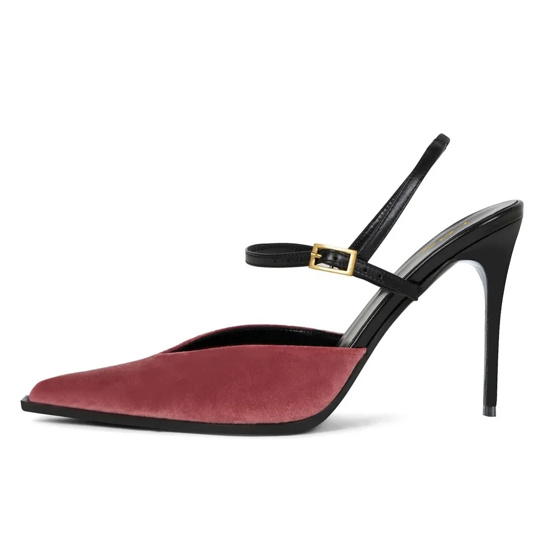 Maroon Buckled Pointed Toe Pumps Ankle Strap Stiletto High Heels