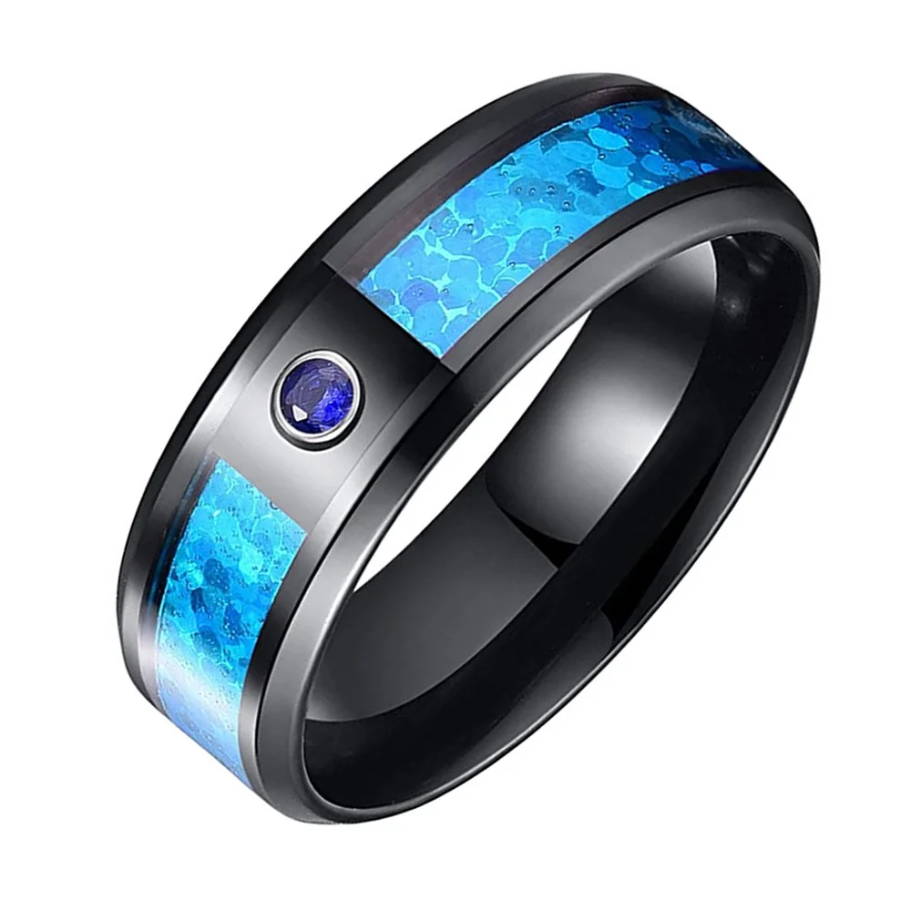 6MM 8MM Blue Purple Red Created Opal and Cubic Zirconia Inlay Black Tungsten Carbide Men's Wedding Bands