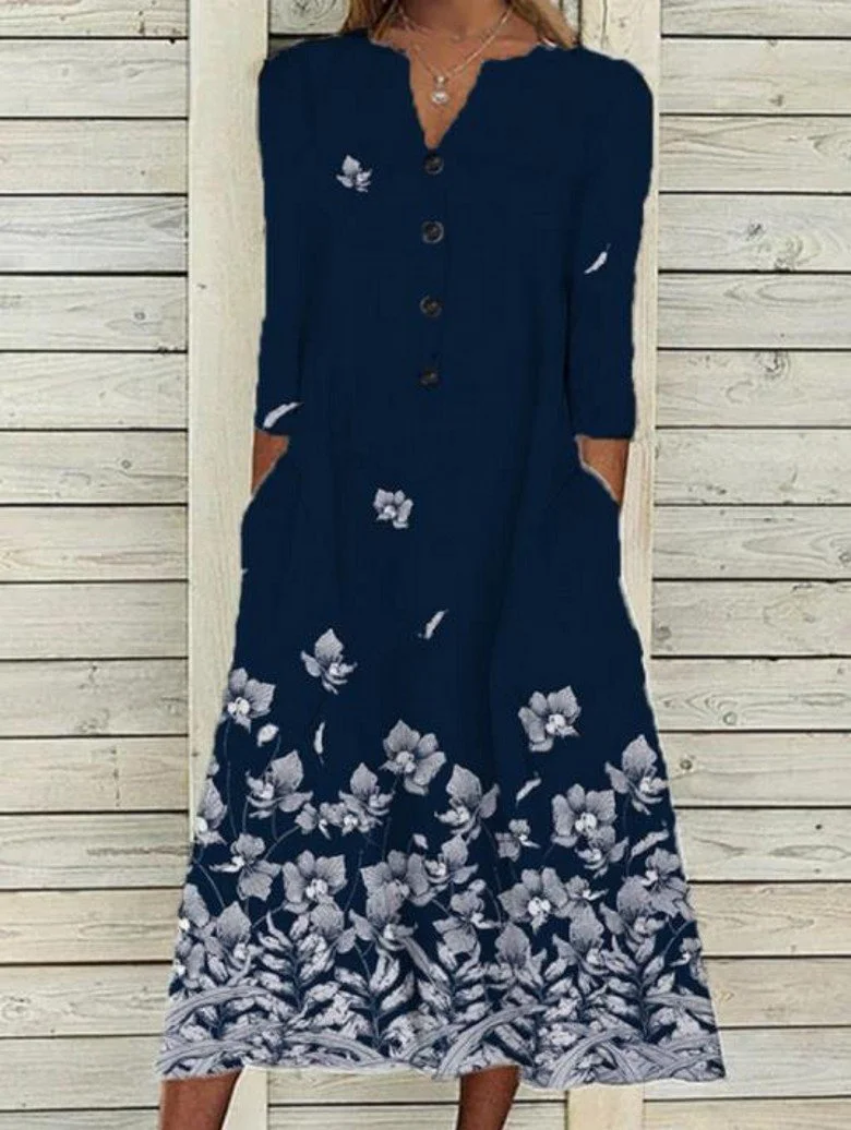 Women's V-neck Long Sleeve Printed Maxi Dress