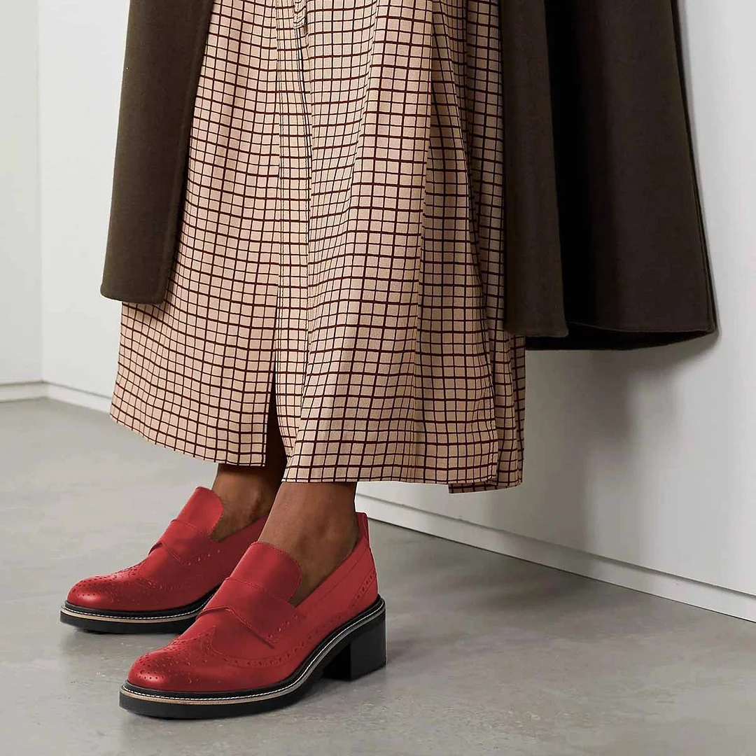 Slip-On Hollowed Round Toe Block Heeled Loafers Women in Red