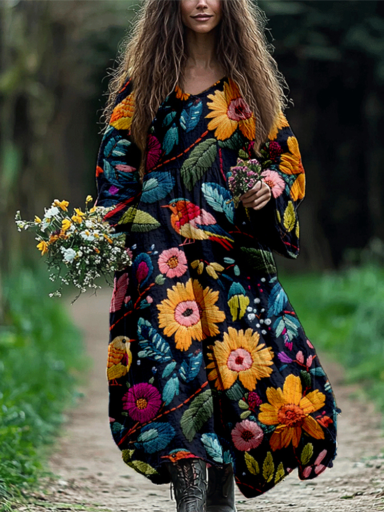 Comstylish Colorful Birds Floral Embroidered Linen Blend Maxi Dress