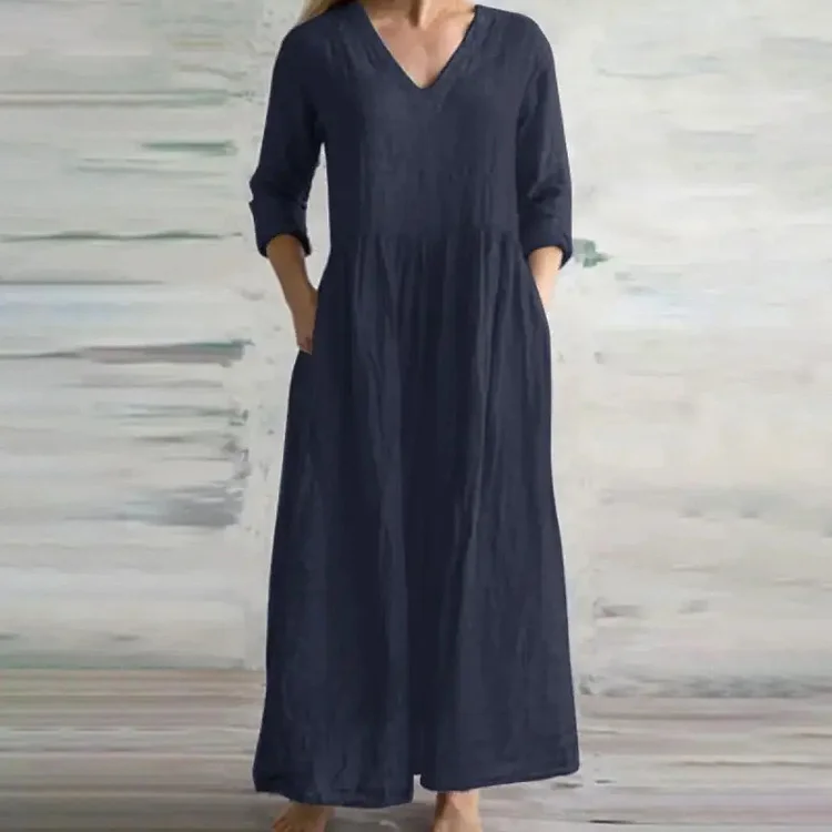 3/4 Sleeve V-Neck Pleated Maxi Dress with Pockets Casual and Comfortable