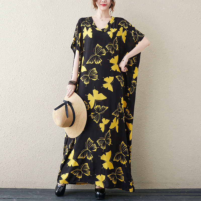 Loose Butterfly Print V-Neck Maxi Dress