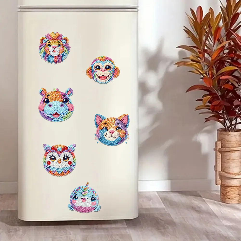 6Pcs Animal Head Acrylic Diamond Painting Art Fridge Magnet for Adults Beginners