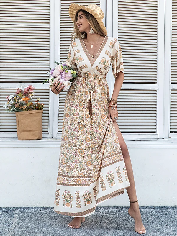 Bohemia A-Line High Waisted Floral Printed V-Neck Maxi Dresses