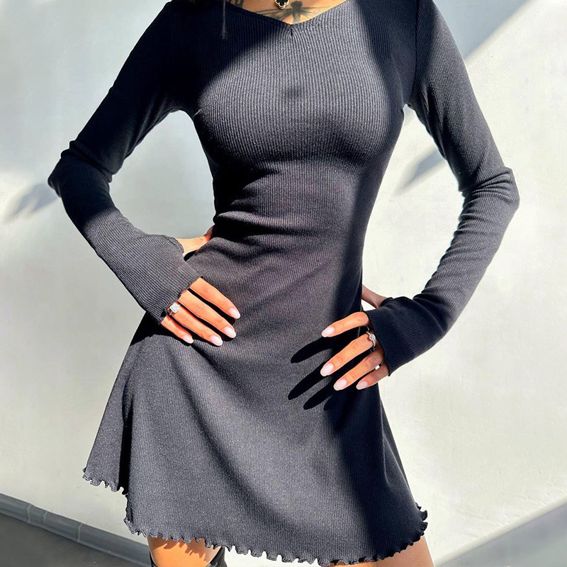 Ootddress Bandage Ruffled High Waist Mini Dress For Women Long Sleeve Fashion Lace-Up Solid Patchwork Autumn 2025 Bodycon Dress New