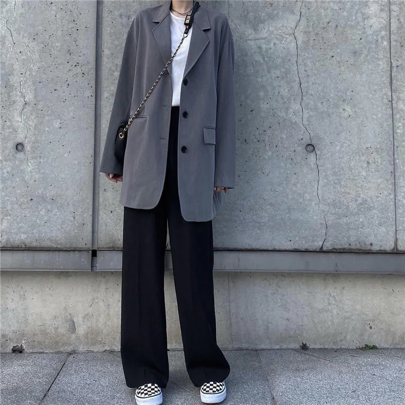 Women Sets Autumn Leisure Two Piece Grey Blazers Loose Korean Style Female Outwear Black Pants Wide Leg Trousers Mopping Daily