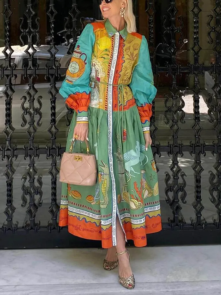 Unique Linen Ocean Animal Print Cardigan Belted Maxi Dress