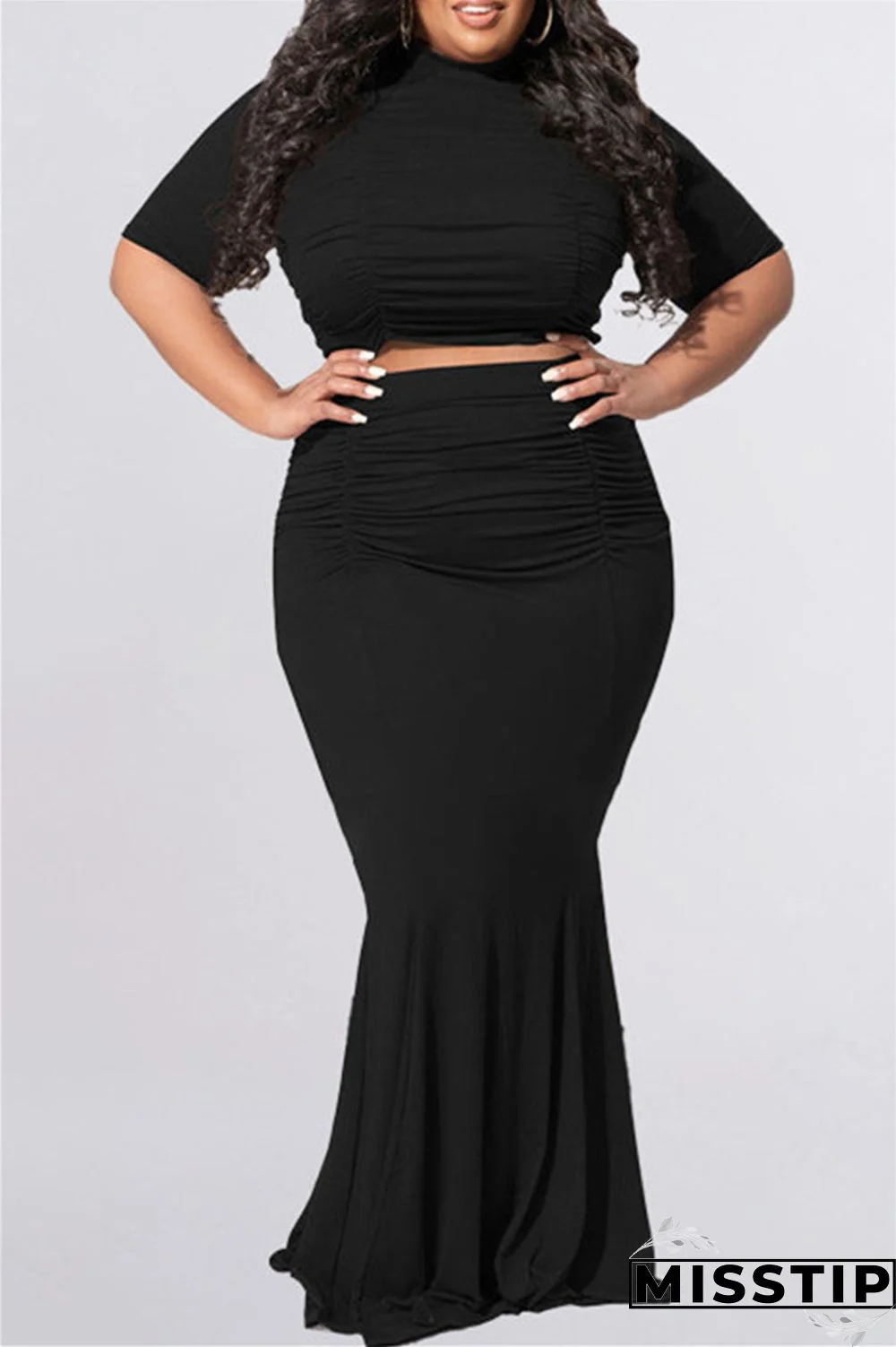 Dark Gray Fashion Casual Solid Fold O Neck Plus Size Two Pieces