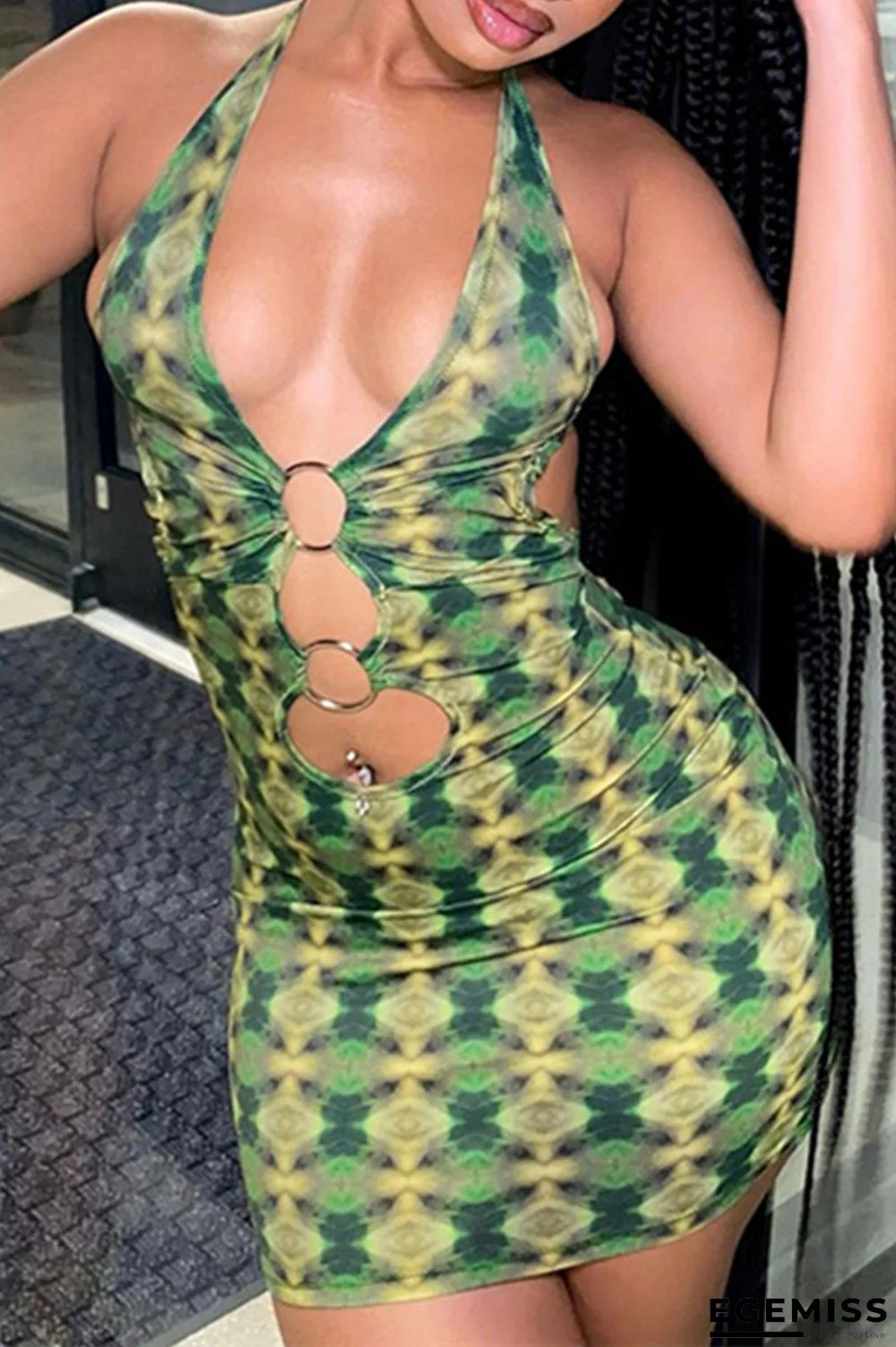 Green Fashion Sexy Print Hollowed Out Backless Halter Sleeveless Dress | EGEMISS