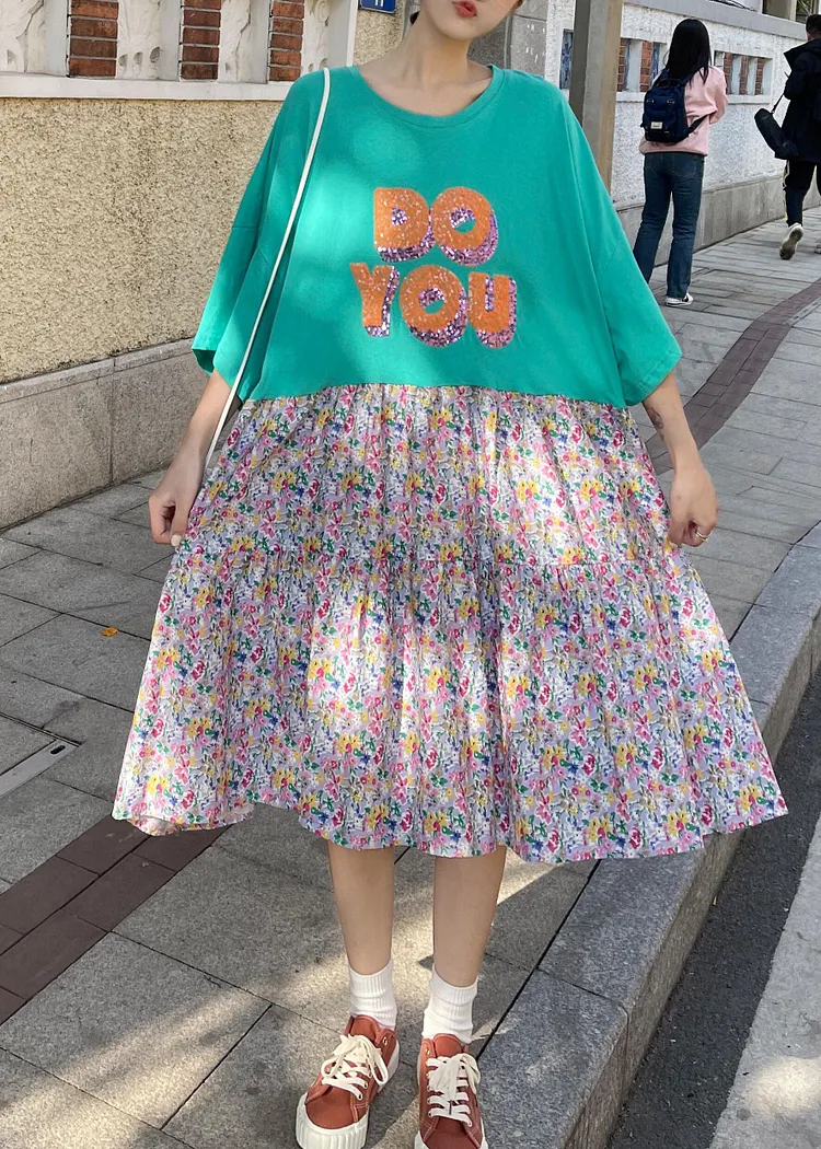 Fashion Green Ruffles O-Neck Robe Summer Cotton Dress