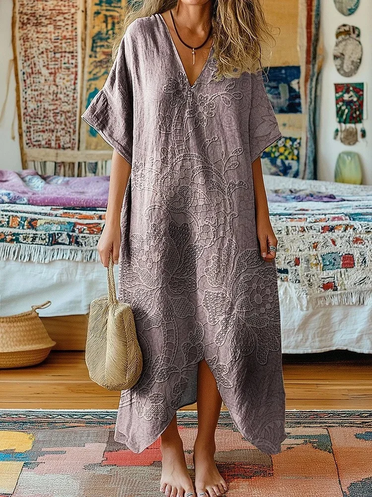 Women's Vintage Lace Embroidery Floral Art Print V-Neck Cotton Short Sleeve Dress