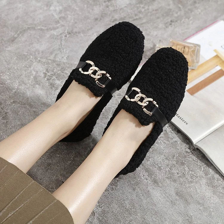 Graduation Gifts  Chain lambswool flats moccasins femme slip on plush winter ladies shoes curly furry loafers women creepers zapatos plus size 43