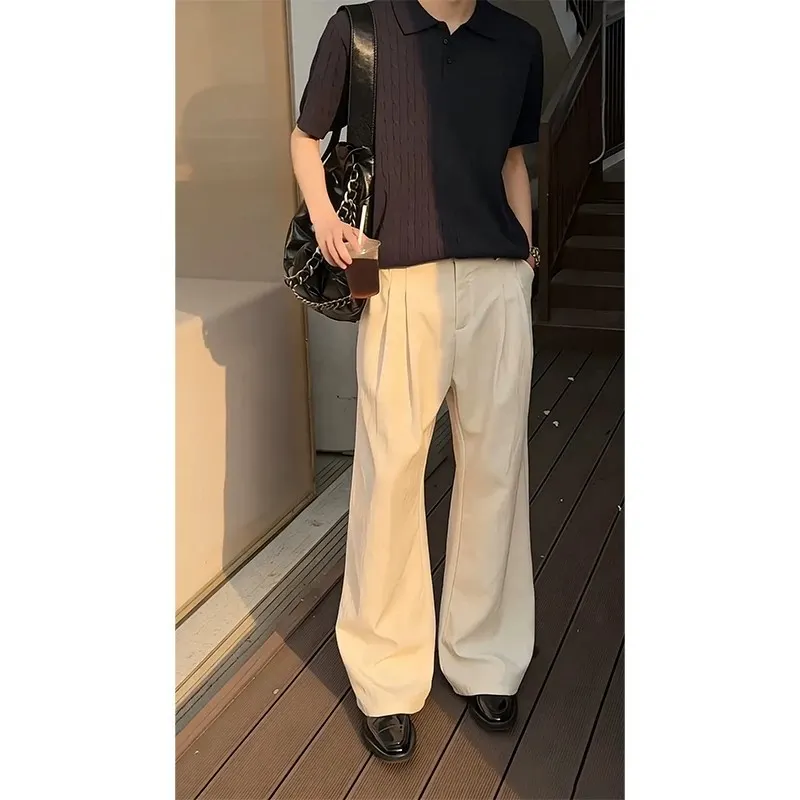 Men Double Pleat Linen Texture Floor Length Wide Leg Pants