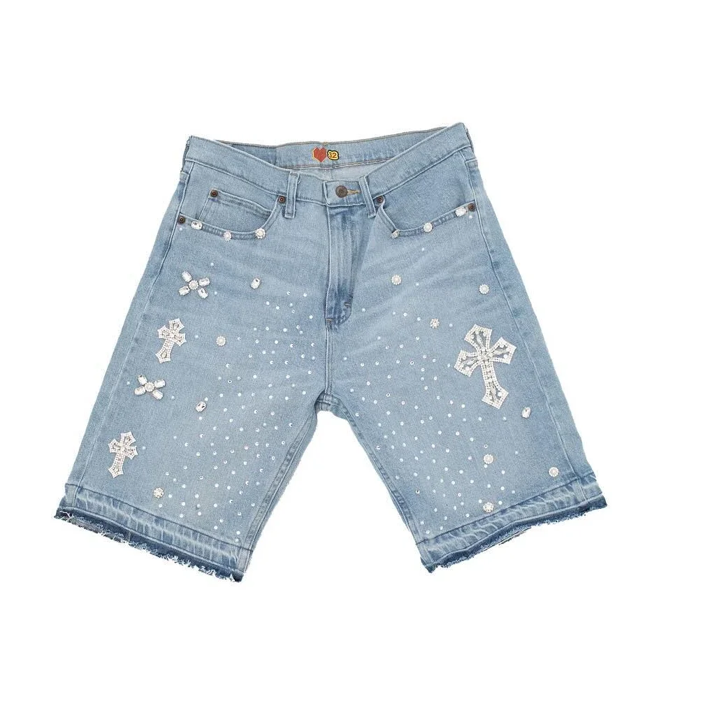 Edubridgesmart Streetwear Rhinestone Rivet Denim Shorts Harajuku Hip Hop Cross Diamond Light Blue Shorts Gothic Casual Fashion Pants Men Women