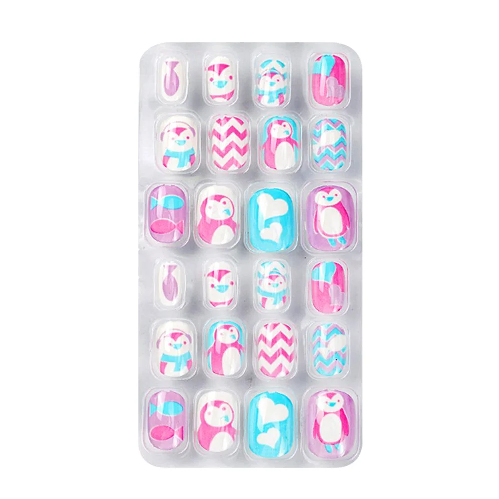 24Pcs/box Kids False Nails Press On Nail Cartoon Full Cover Fake Nails Snowflake Design Manicure Tips Nail Art for Children