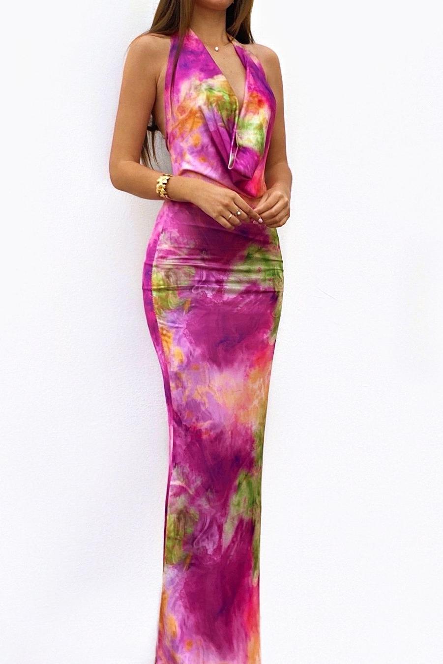 Lvs&Broner Glamorous Colorful Halter Sleeveless Backless Long Prom Dress With Pleated