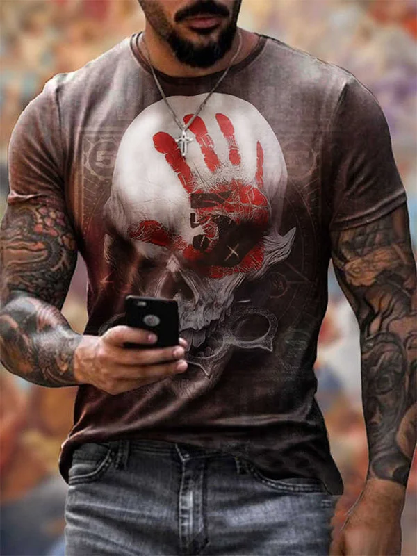 Skeleton Bloodhand Printed Round Neck Loose T-shirt