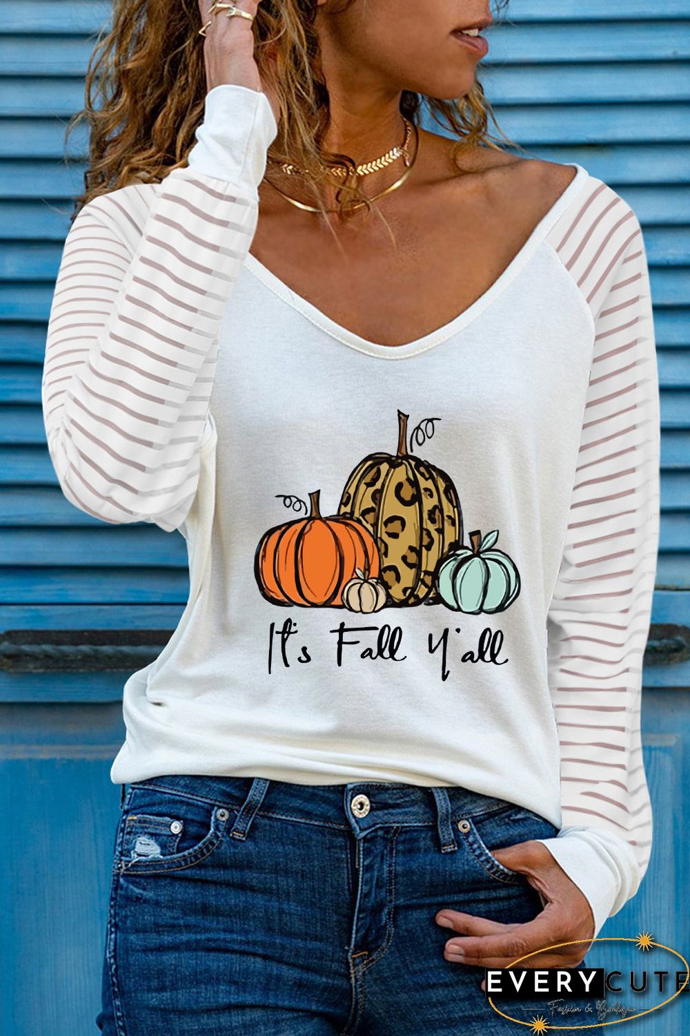 White Cute Fall Pumpkin Graphic Sheer Striped Long Sleeve Top