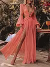 Mesh Split-Side Puff Sleeves Maxi Dress