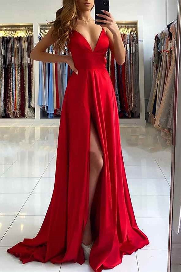 Ovlias Classy Red Spaghetti Strap Split Draped Fitted Tailored Prom Dress LY0456