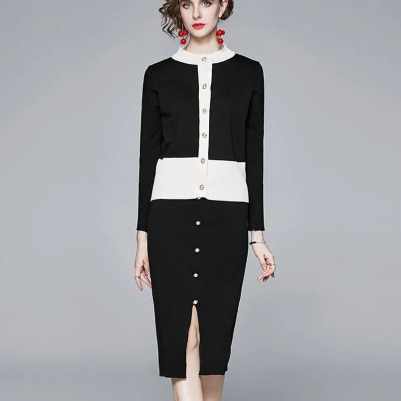 Brownm 2021 Autumn Runway Knit Skirt Suit Women Long Sleeve Sweater Top + Mini A-Line Skirt Set Metal Button 2 Piece Set
