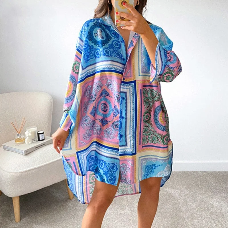 Vintage Graphic Print Shirt Dress Sexy Women V Neck Long Sleeve Blue Green Loose Beach Syle Party Casual Mini Dresses Autumn