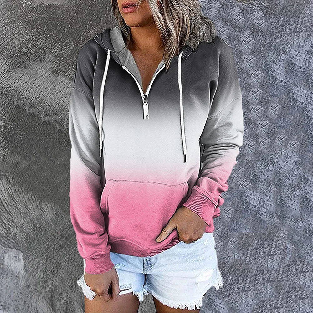 Smiledeer New Ladies Gradient Hooded Zipper Pullover Sweatshirt