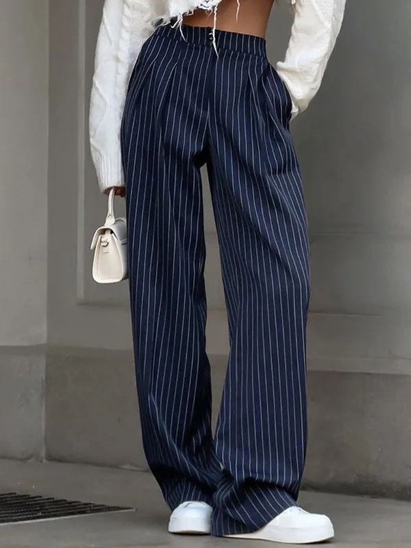 Striped Buttoned Wide Pants High Waisted Trousers Pants