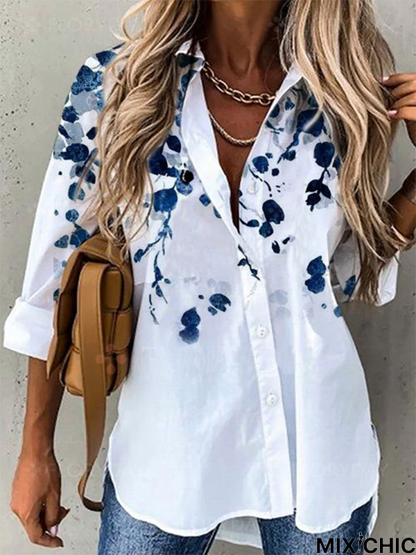 Long Sleeve Floral-Print Shirt Collar Casual Tunic Blouse