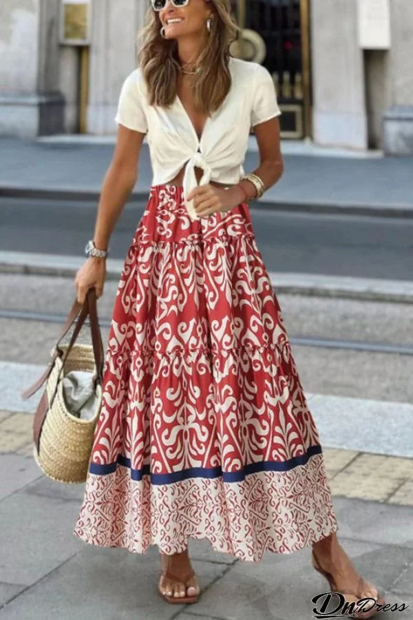 Rosine Ethnic Print Elastic Waist Tiered Midi Skirt