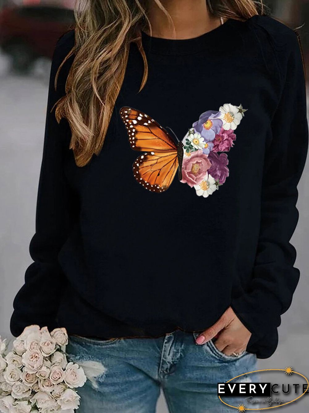 Flower Butterfly Print Long Sleeve Sweatshirt For Women