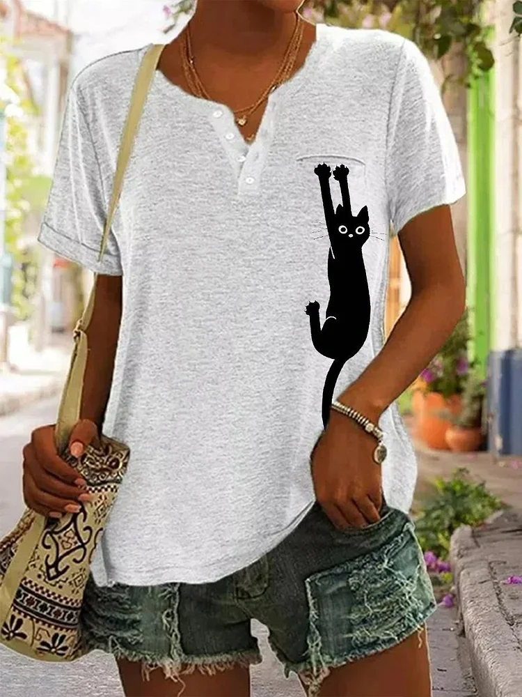 Women's Cute Grab Cat Print Pocket Button V-Neck T-Shirt socialshop