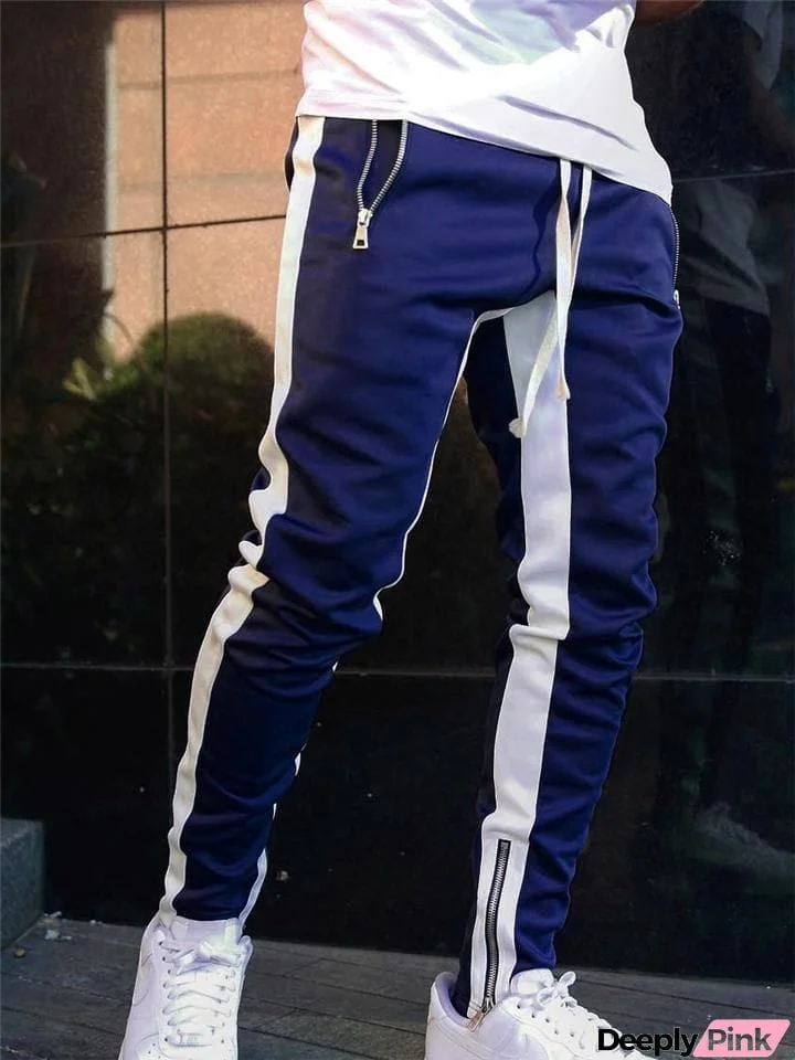 Mens Casual Side Stripe Sporty Drawstring Elastic Waist Jogger Pants